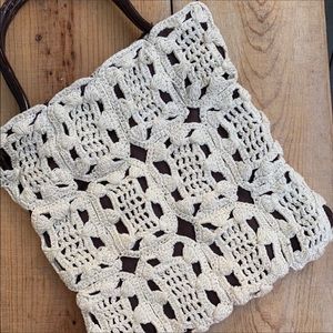 Off White Crochet Bag with Wooden Handles